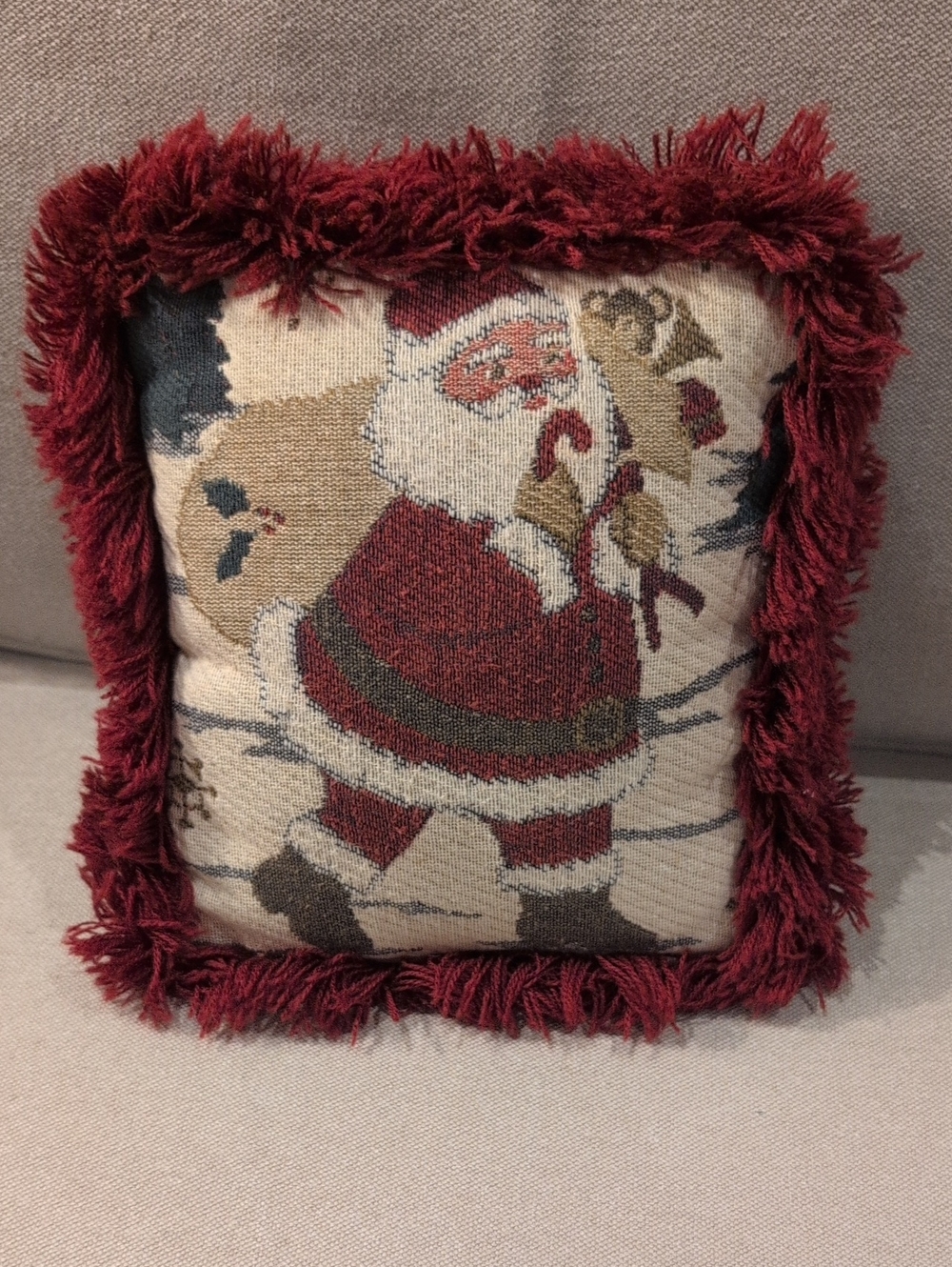 Vintage Holiday Santa Tapestry Decorative Throw Pillow Burgundy Fringe
